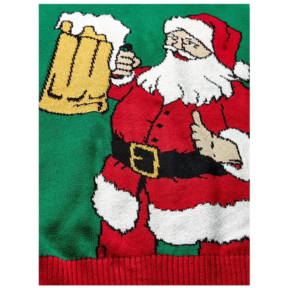 Men’s Ugly Christmas Sweater Beer Santa Holiday Party Crewneck Green NWT S